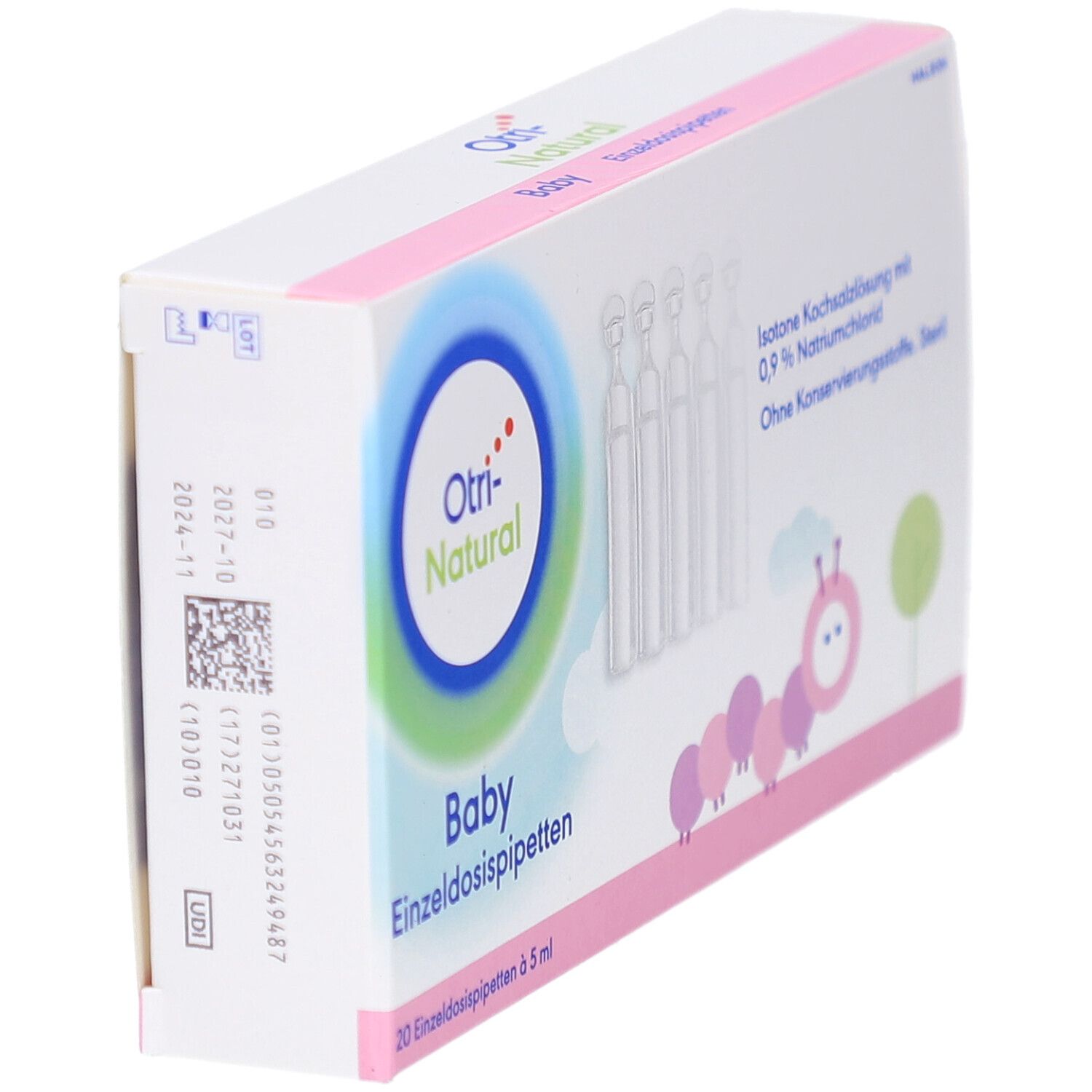 Packung OtriNatural Baby, isotone Kochsalzlösung. 20 Einzeldosispipetten à 5 ml. Rosa und weißes Design mit Produktlogo.