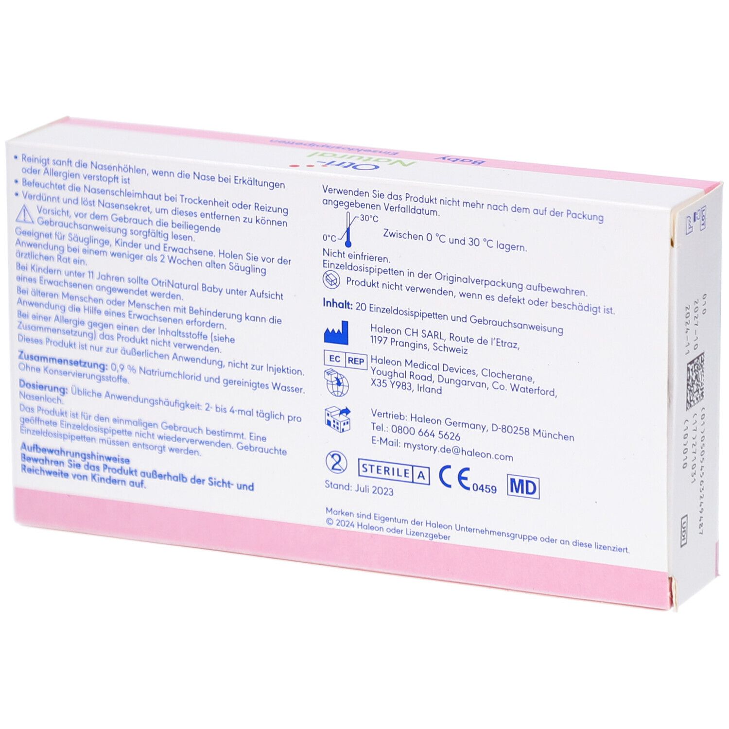 Rückseite der OtriNatural Baby Packung. Textinformationen, Inhaltsstoffe, Herstellerangaben, Chargennummer, Verfallsdatum.