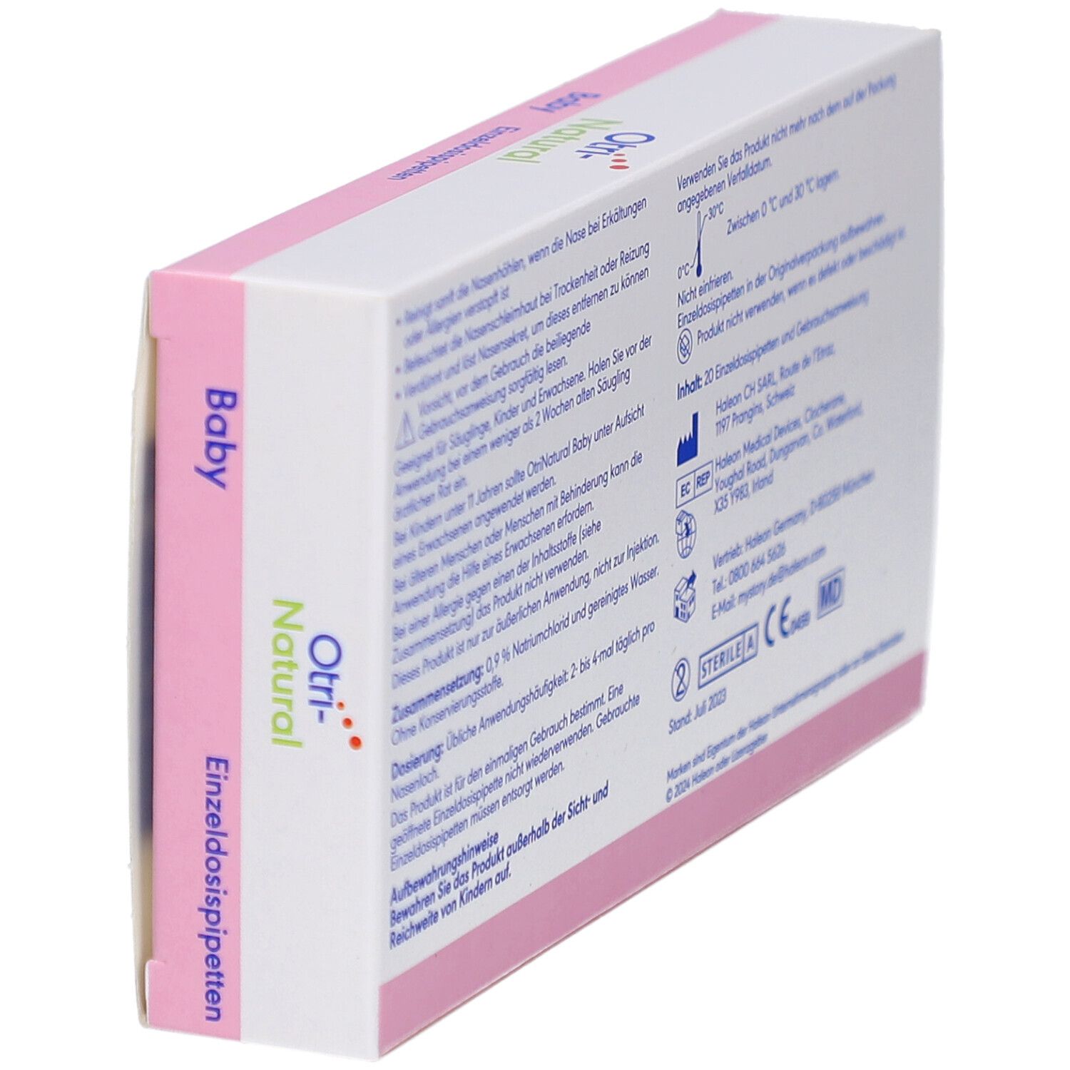 Rückseite der OtriNatural Baby Packung. Textinformationen, Inhaltsstoffe, Herstellerangaben, Chargennummer, Verfallsdatum.