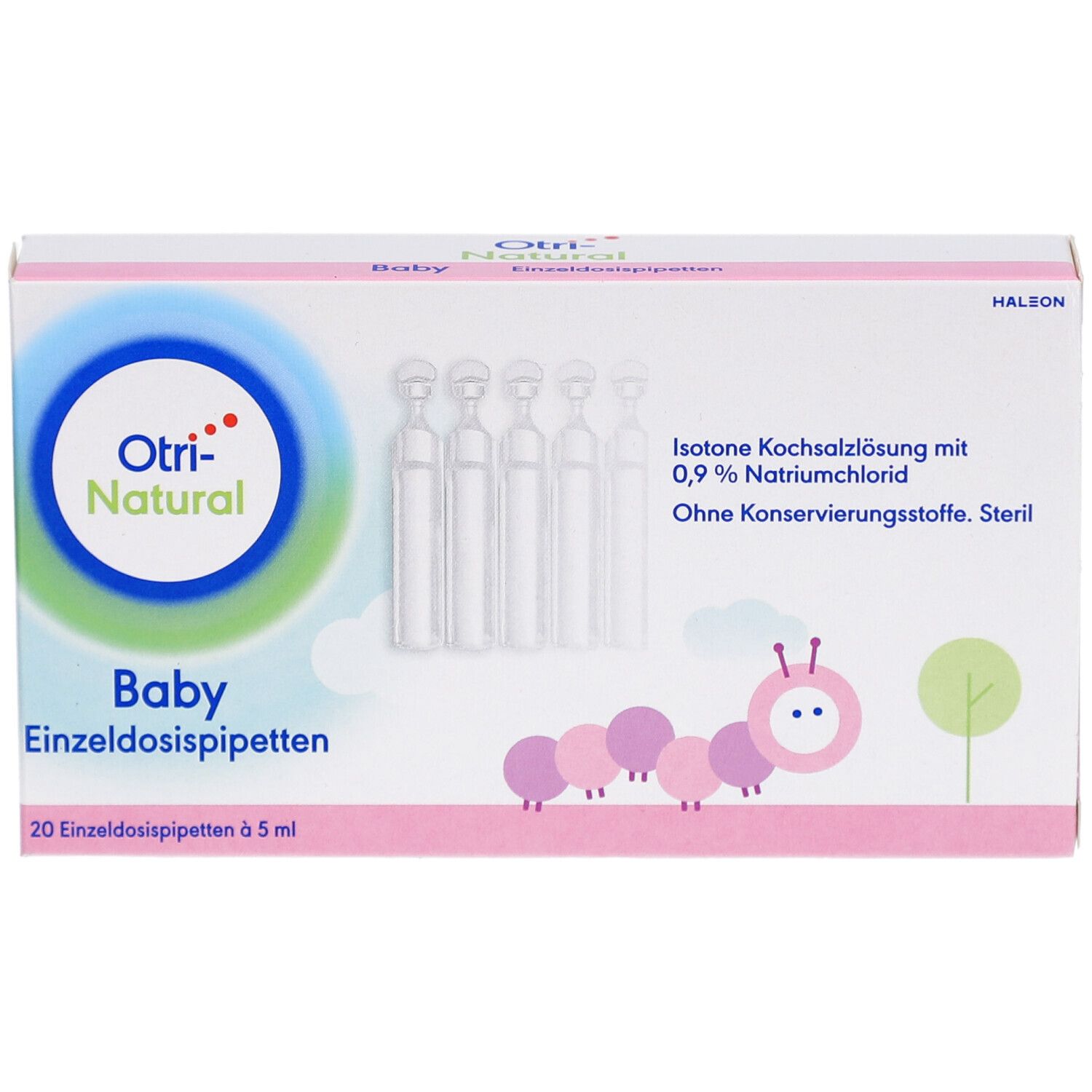 Packung OtriNatural Baby, isotone Kochsalzlösung. 20 Einzeldosispipetten à 5 ml. Rosa und weißes Design mit Produktlogo.