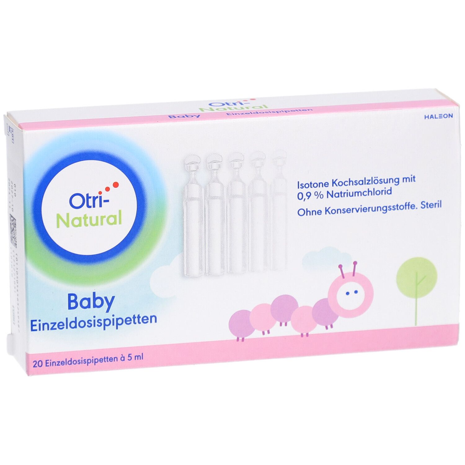 Packung OtriNatural Baby, isotone Kochsalzlösung. 20 Einzeldosispipetten à 5 ml. Rosa und weißes Design mit Produktlogo.