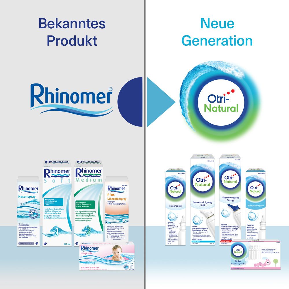 Vergleich von Rhinomer und OtriNatural. OtriNatural in neuer Verpackung. Verschiedene Produkte.