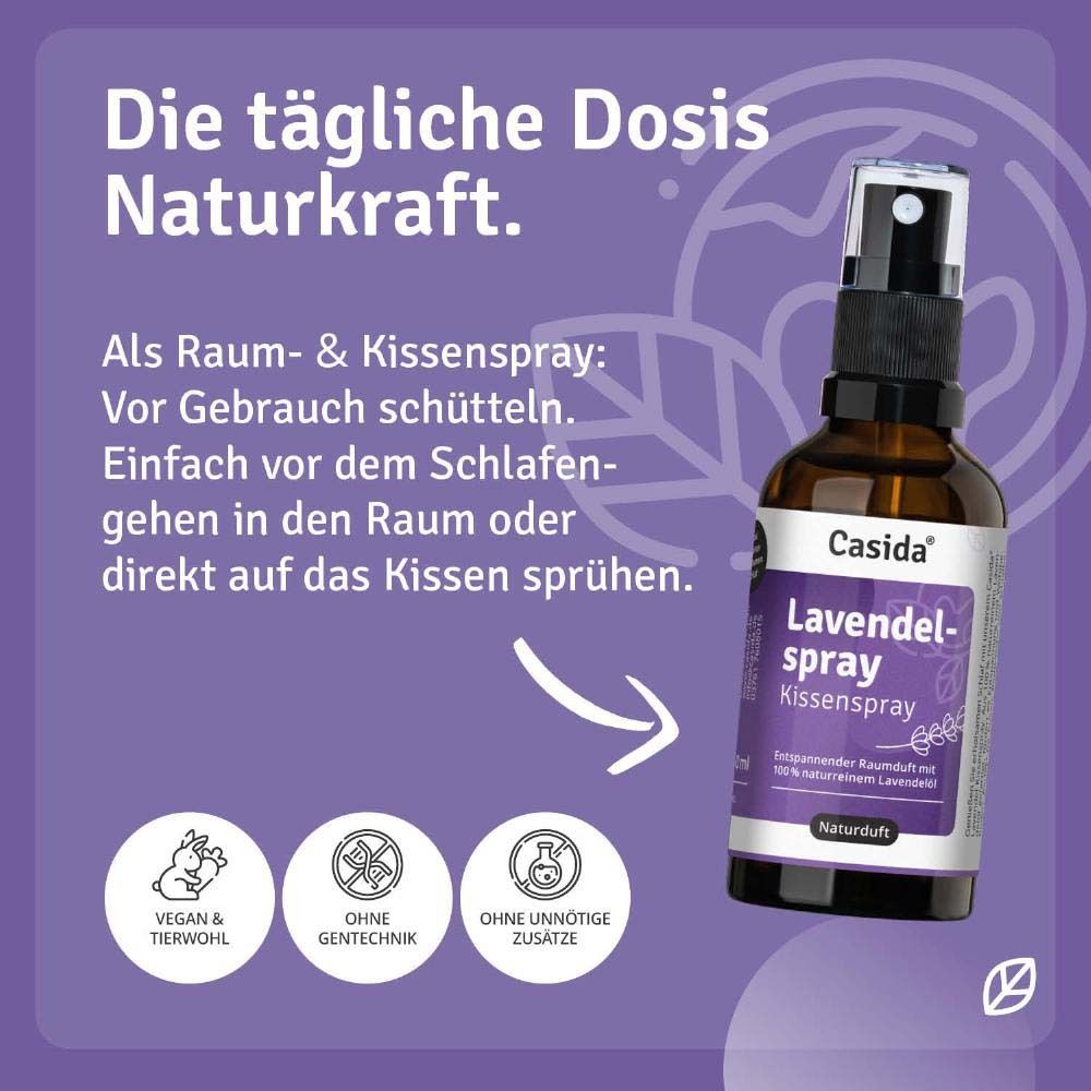 Produktflasche mit Text. Text: Die tägliche Dosis Naturkraft. Als Raum- & Kissenspray. Vegan & tierwohl, ohne Gentechnik.