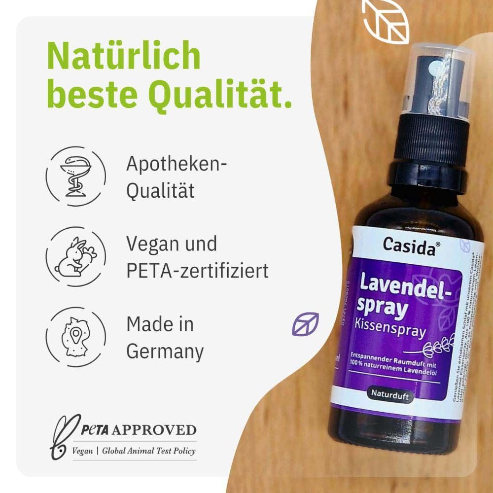 Produktflasche mit Text. Text: Natürlich beste Qualität. Apotheken-Qualität, Vegan und PETA-zertifiziert, Made in Germany.