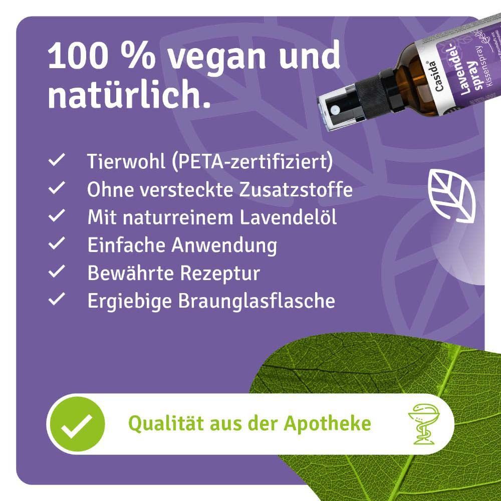 Produktflasche mit Text. Text: 100 % vegan und natürlich. Tierwohl (PETA-zertifiziert), ohne versteckte Zusatzstoffe, mit naturreinem Lavendelöl.