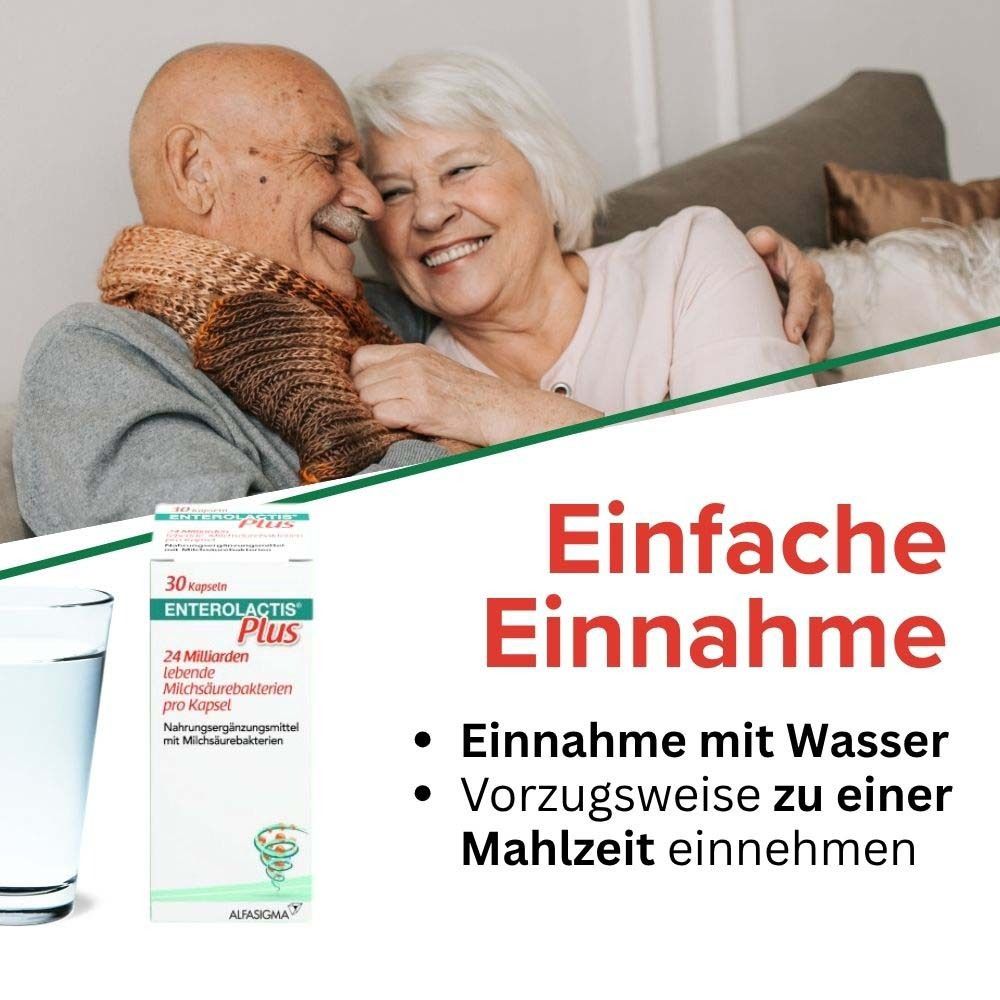 Text: Einfache Einnahme. Einnahme mit Wasser. Vorzugsweise zu einer Mahlzeit einnehmen. Glas Wasser.