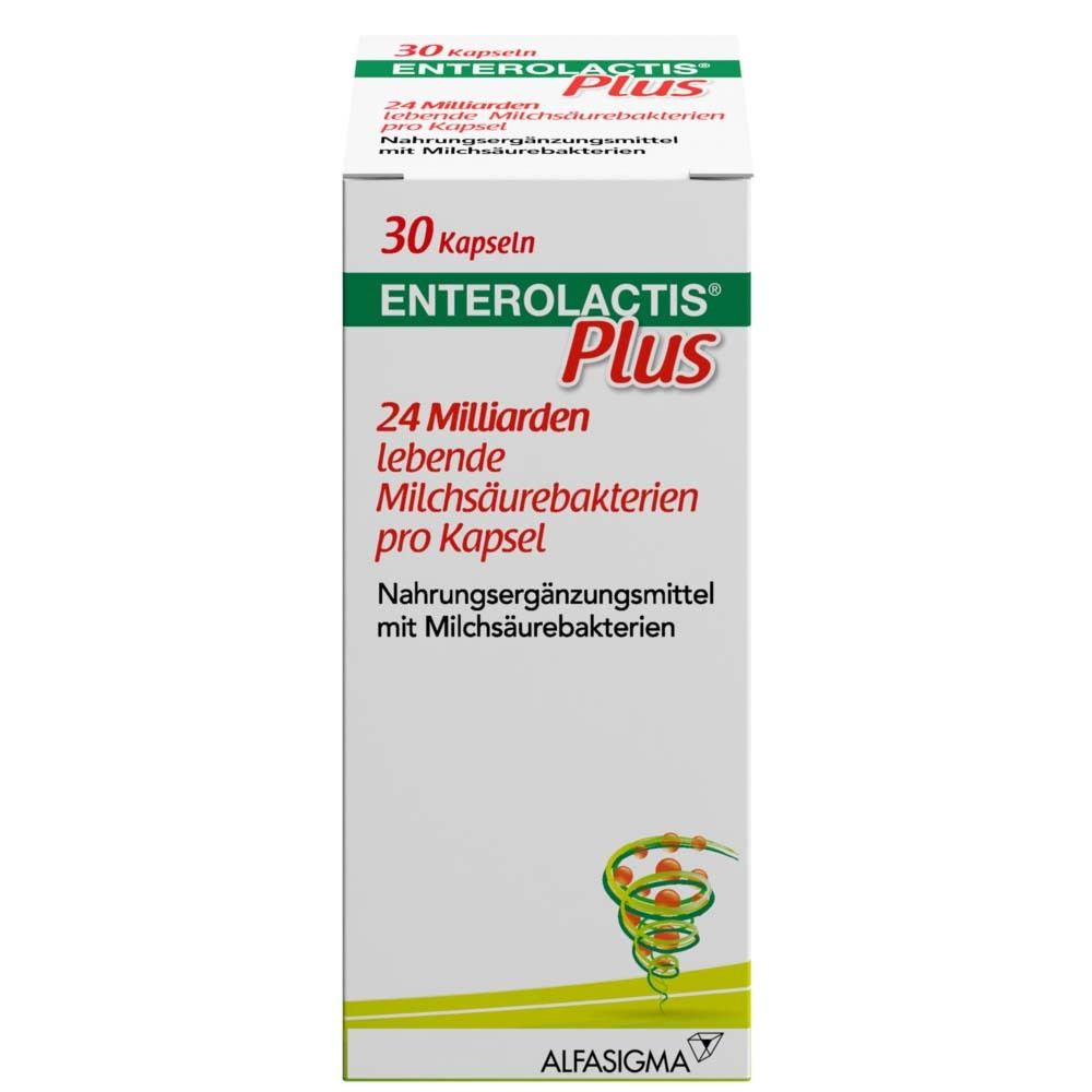 Weißer Karton mit grüner Schrift. Enthält 30 Kapseln. Aufschrift: ENTEROLACTIS Plus, 24 Milliarden lebende Milchsäurebakterien.