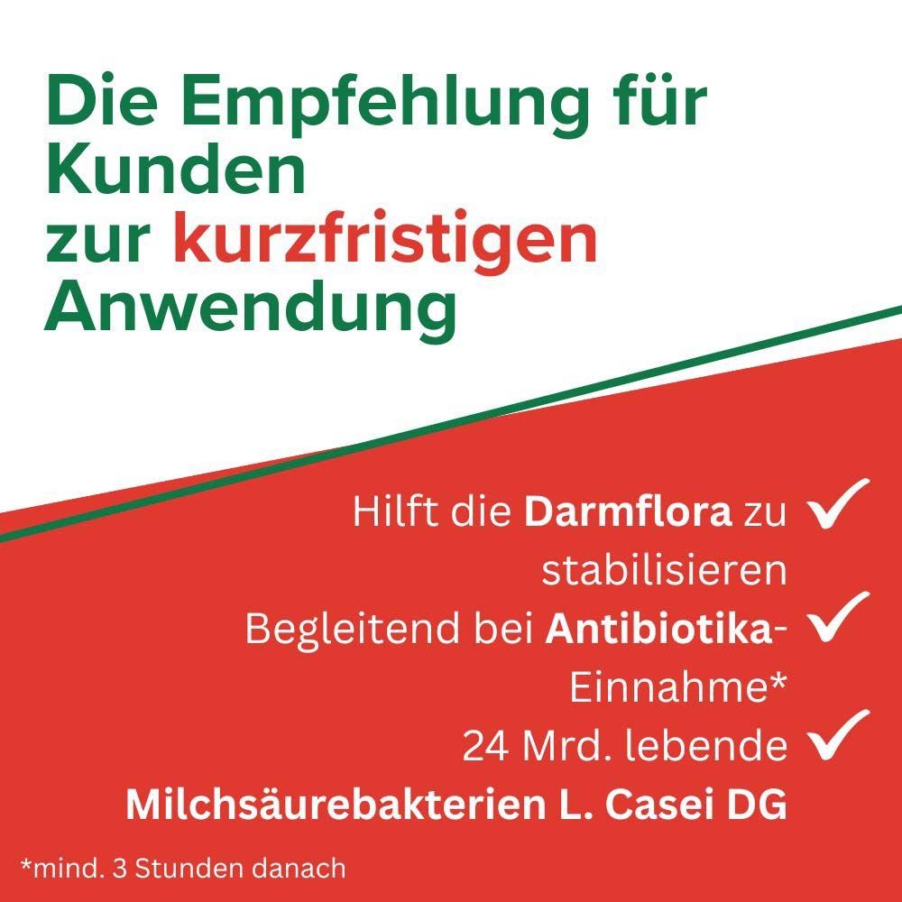 Text: Die Empfehlung für Kunden zur kurzfristigen Anwendung. Hilft die Darmflora zu stabilisieren. Begleitend bei Antibiotika.