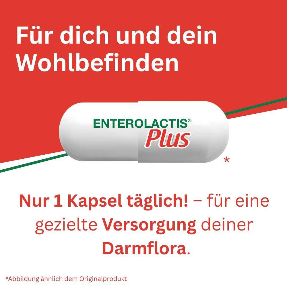 Kapsel Enterolactis Plus. Text: Nur 1 Kapsel täglich! Für eine gezielte Versorgung deiner Darmflora.
