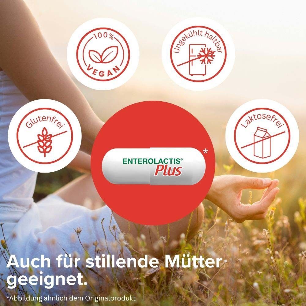 Kapsel Enterolactis Plus. Symbole: 100% Vegan, Glutenfrei, Ungekühlt haltbar, Laktosefrei. Auch für stillende Mütter.