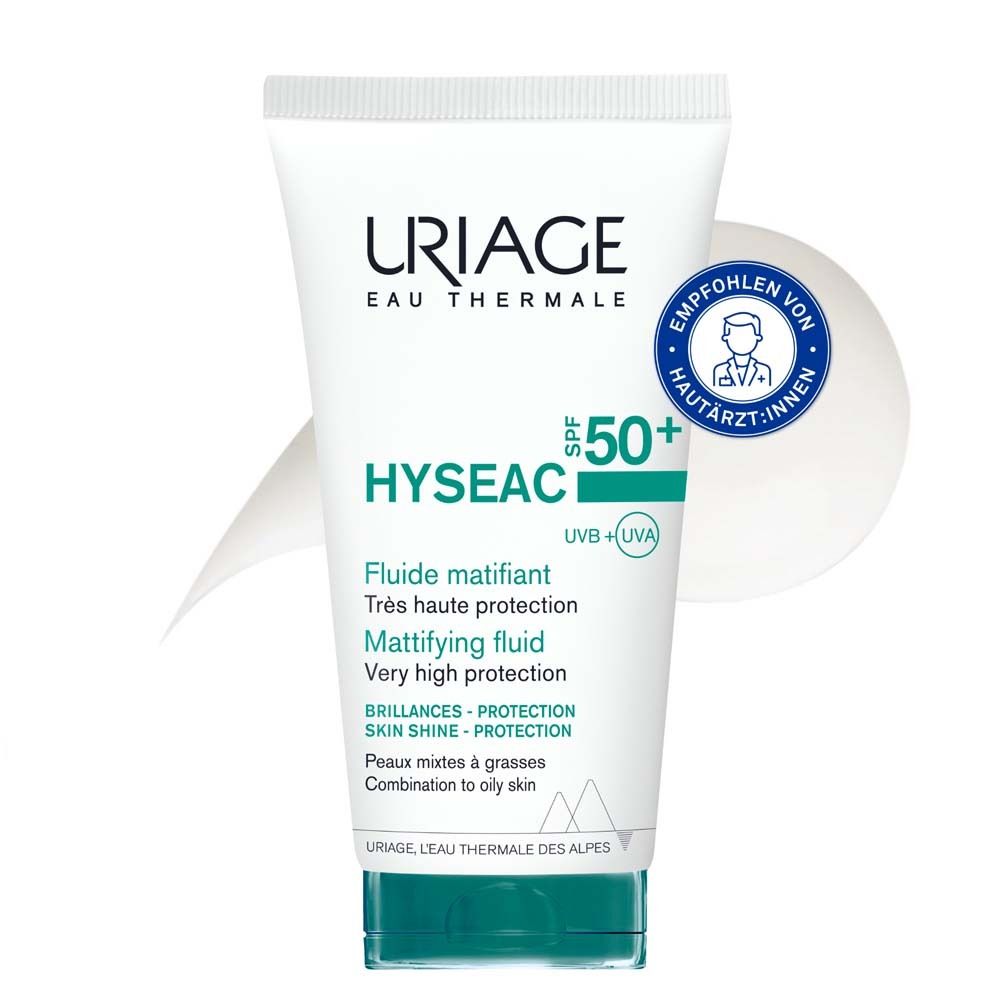 Uriage Hyséac Mattierendes Fluid SPF 50+ Tube. Weiß, mit grünen und blauen Akzenten. Dermatologen empfohlen.