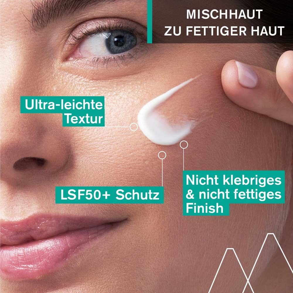 Haut mit Creme. Text, LSF50+ Schutz, nicht klebriges Finish. Für Mischhaut bis fettige Haut.