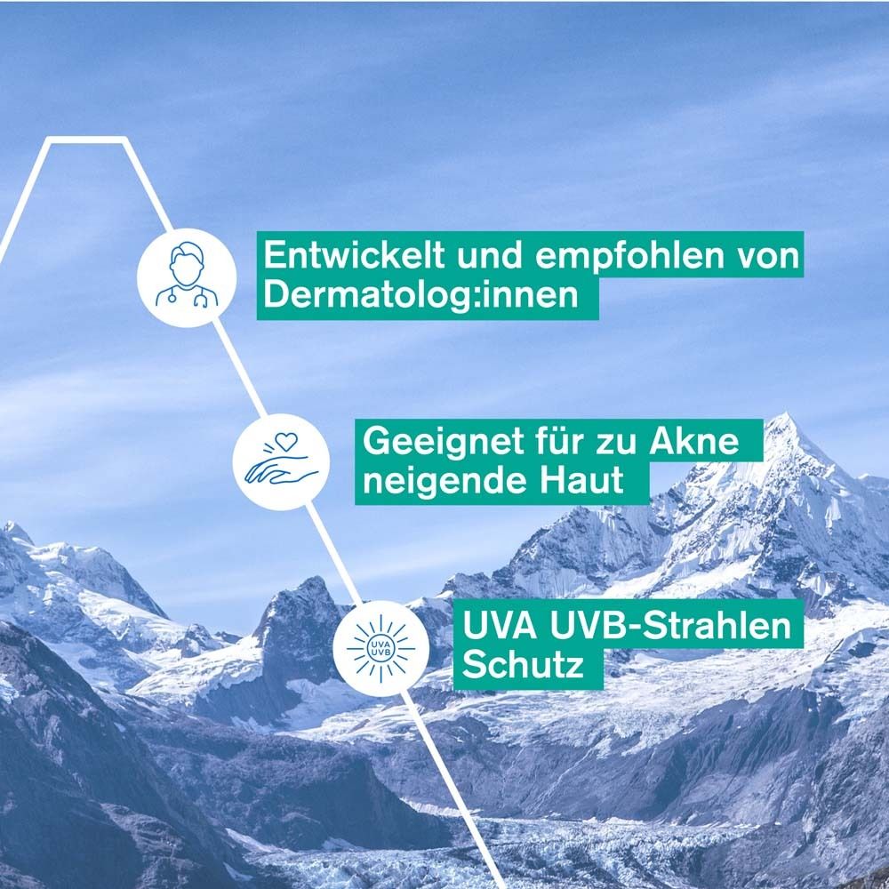 Entwickelt und empfohlen von Dermatologen. Geeignet für zu Akne neigende Haut. UVA UVB-Strahlen Schutz.