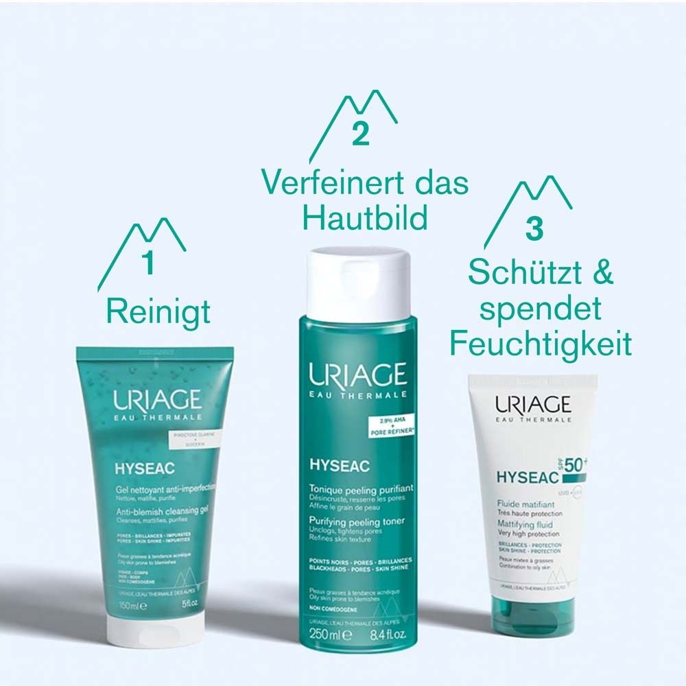 Drei Produkte: Reinigt, verfeinert das Hautbild, schützt & spendet Feuchtigkeit. Uriage Hyséac.