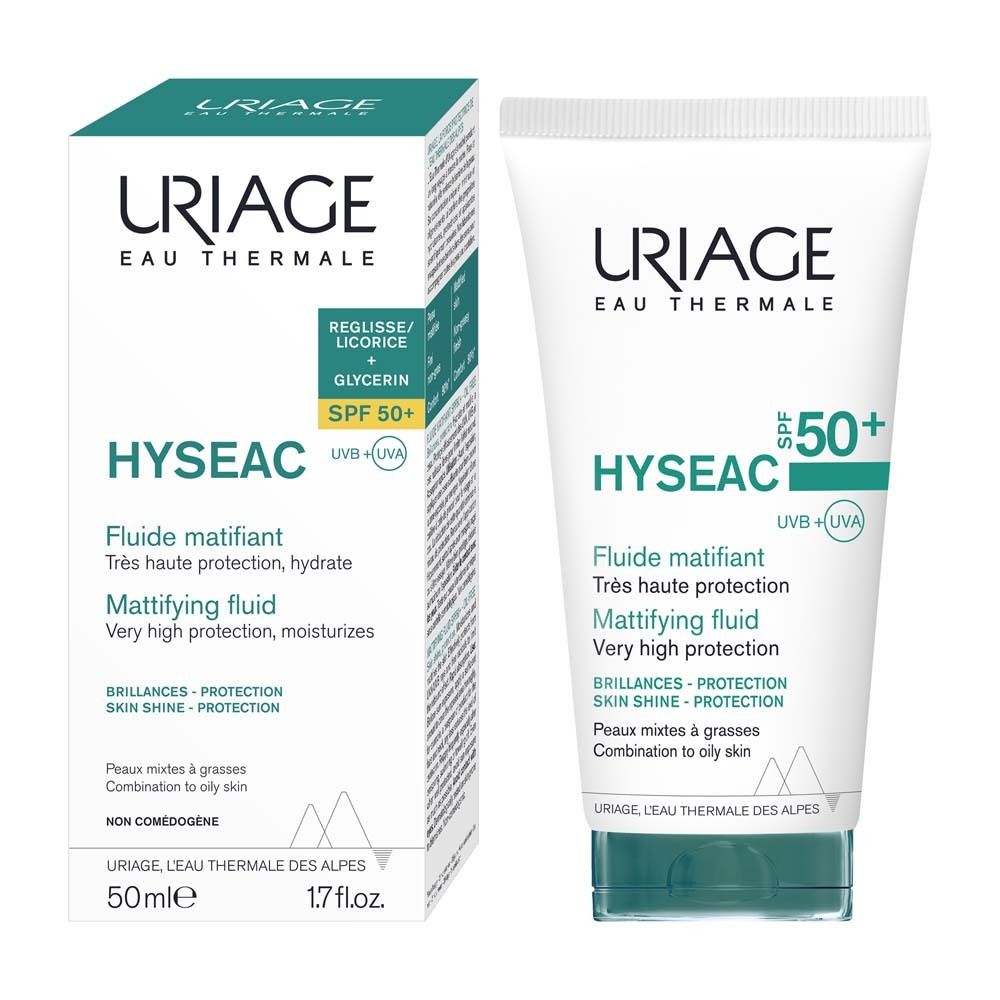 Uriage Hyséac Mattierendes Fluid SPF 50+ und Verpackung. 50ml. Für Mischhaut bis fettige Haut.