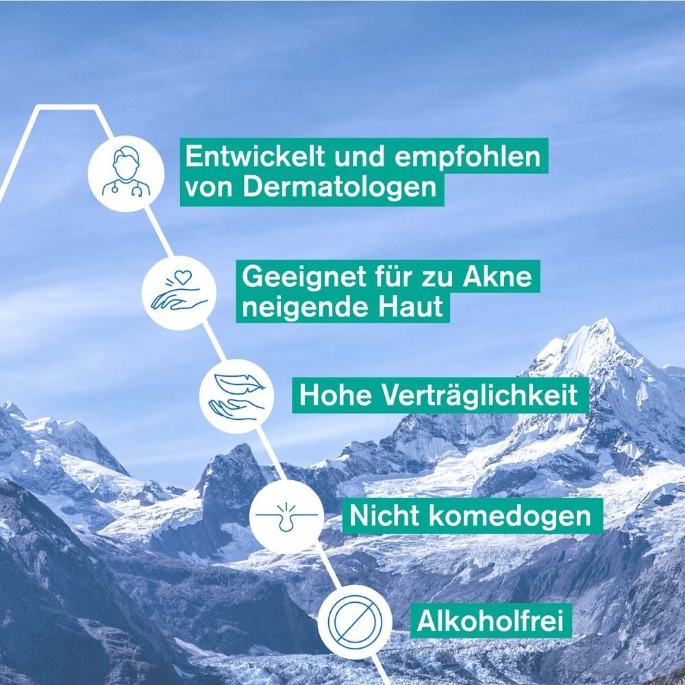 Grafik mit Text. Entwickelt von Dermatologen. Geeignet für zu Akne neigende Haut. Alkohol frei.