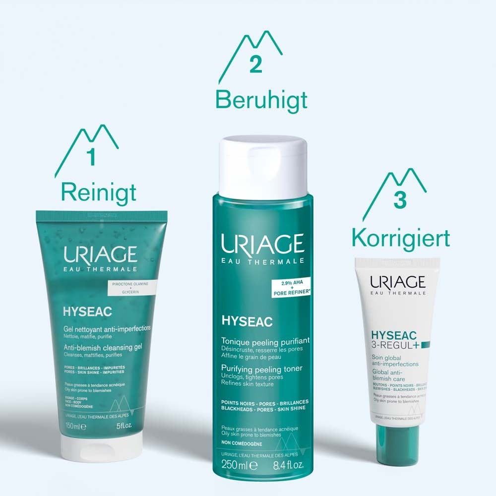 Drei Produkte. Uriage Hyseac Reinigungsgel, Gesichtstonic und 3-Regul+. Reinigt, beruhigt, korrigiert.