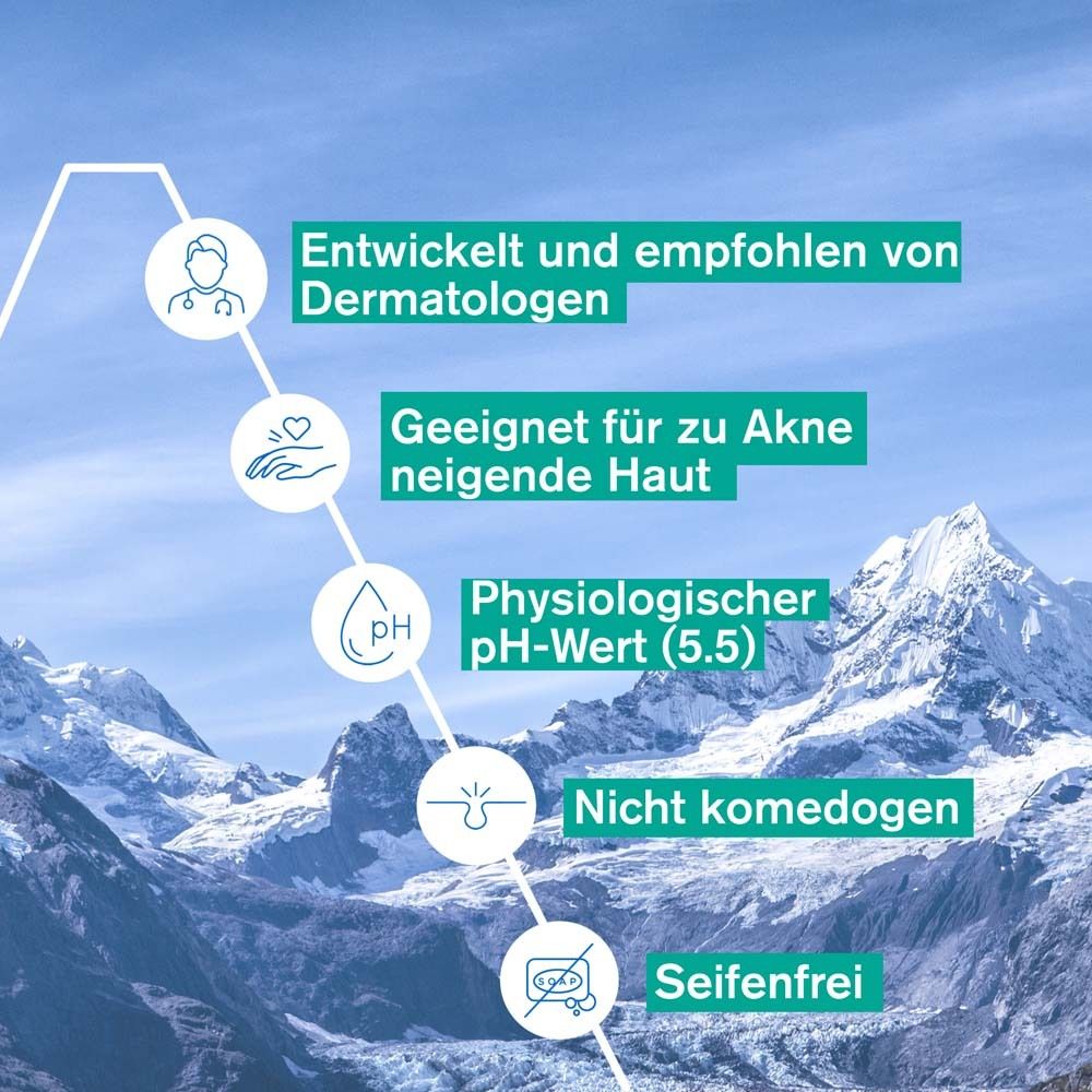 Grafik mit Icons: Dermatologen empfohlen, für zu Akne neigende Haut, pH-Wert 5.5, nicht komedogen, seifenfrei.