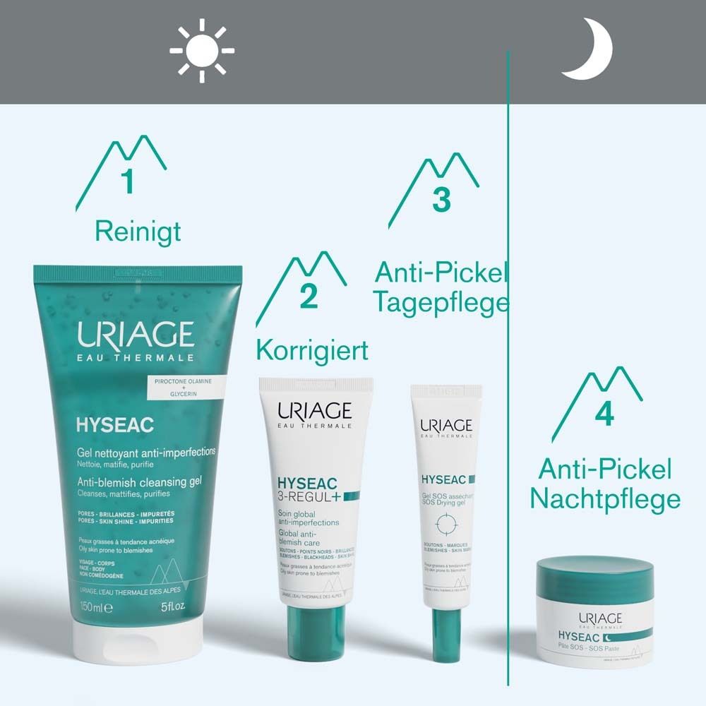 Produktreihe: Uriage Hyseac. Reinigt, korrigiert, Tages- und Nachtpflege. Verschiedene Tuben und Tiegel.