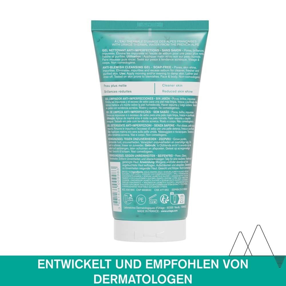 Rückseite der Tube. Text: Anti-Blemish Cleansing Gel, ohne Seife. Dermatologisch empfohlen.