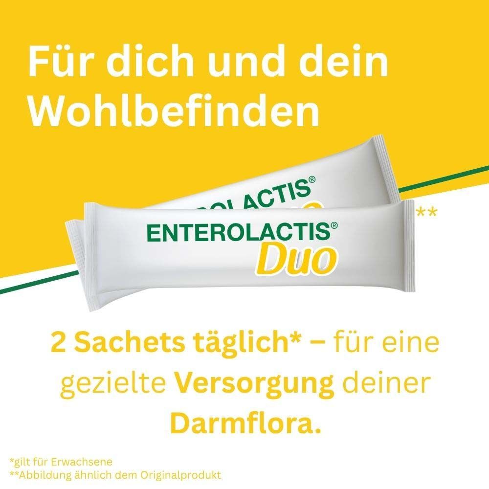 Zwei Sachets Enterolactis Duo. Text: 2 Sachets täglich. Für gezielte Versorgung der Darmflora.