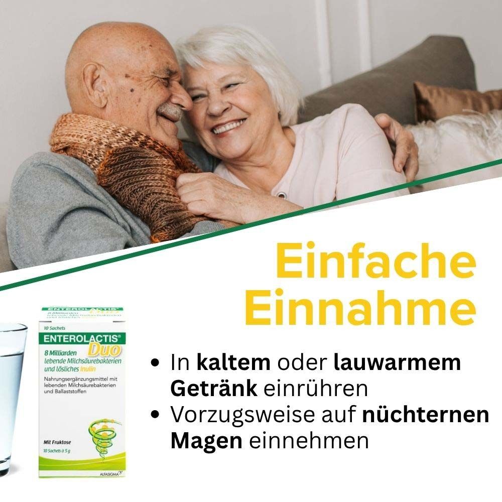 Älteres Paar lächelt. Enterolactis Duo Packung. Text: Einfache Einnahme. In kaltem oder lauwarmen Getränk.