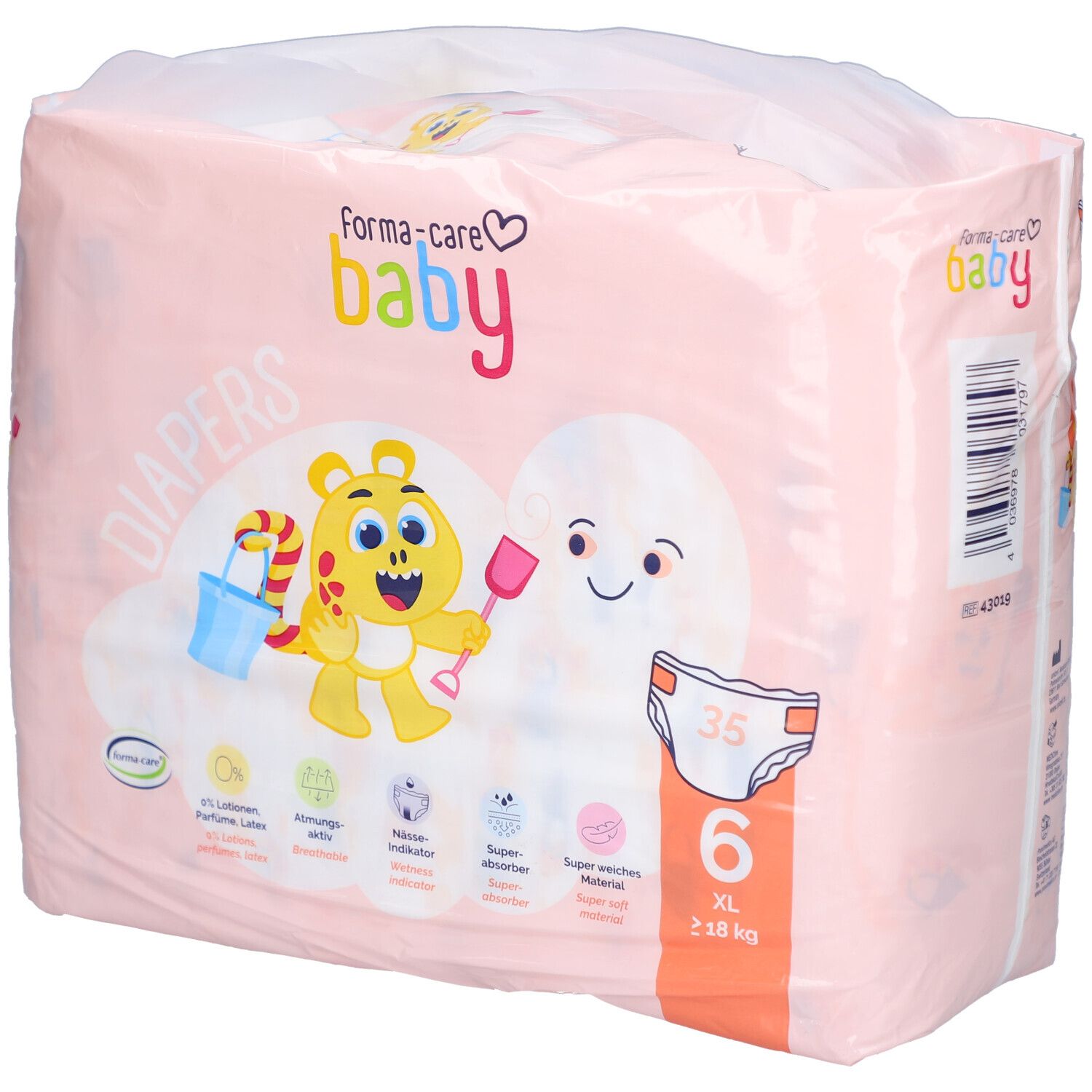 Rosa Verpackung mit forma-care baby Windeln Größe 6 XL. Enthält Illustrationen und Produktmerkmale. Sichtbar: 6 XL, 18 kg.