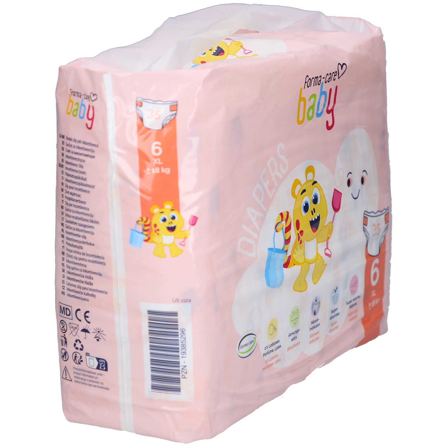 Rosa Verpackung forma-care baby Windeln Größe 6 XL. Seitenansicht mit Produktinformationen und Barcode. Sichtbar: 6 XL, 18 kg.