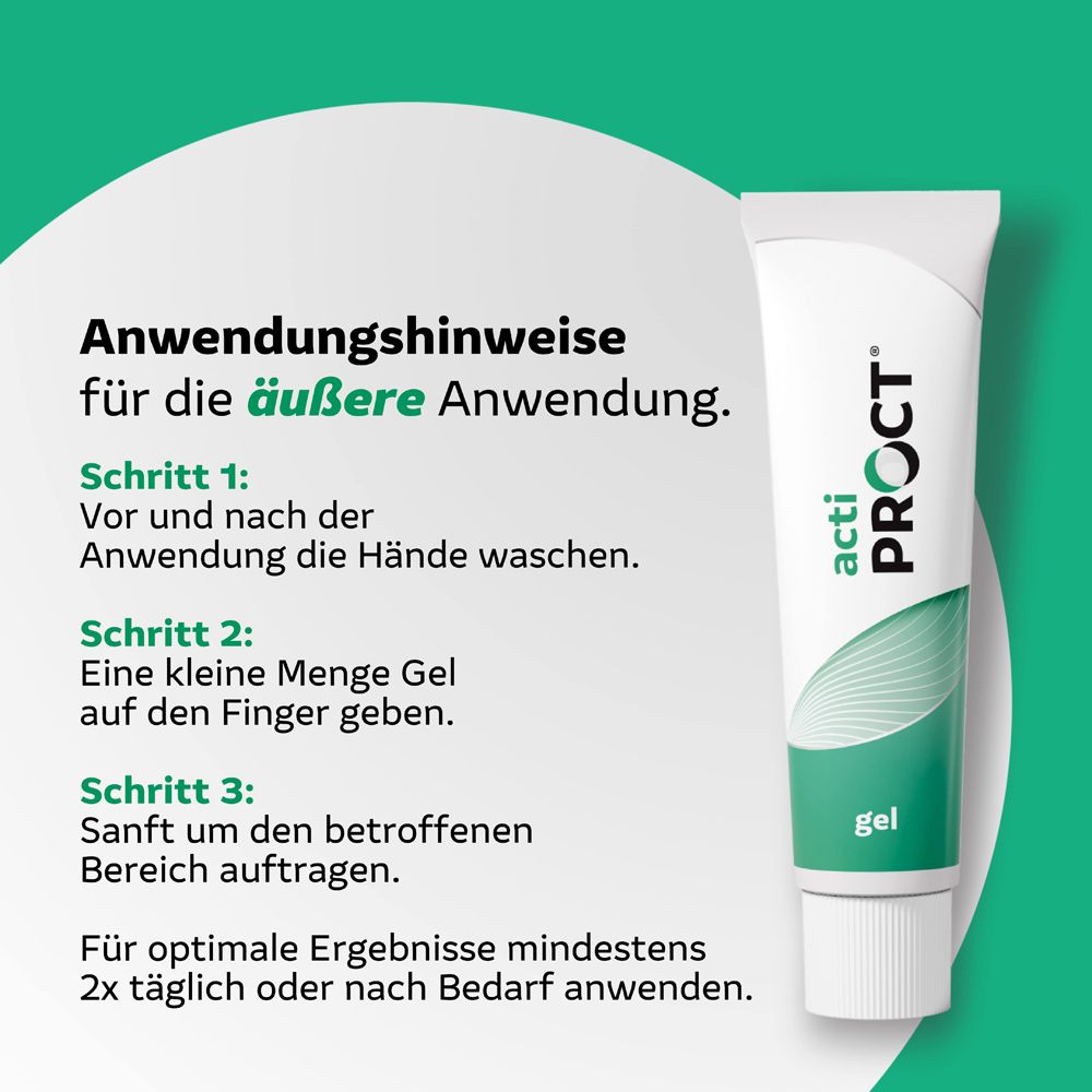 Anwendungshinweise ActiProct Gel für die äußere Anwendung: Hände waschen, Gel auftragen.