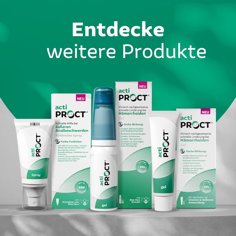 ActiProct Produktlinie: Gel, Spray und weitere Produkte zur Linderung von Hämorrhoiden.