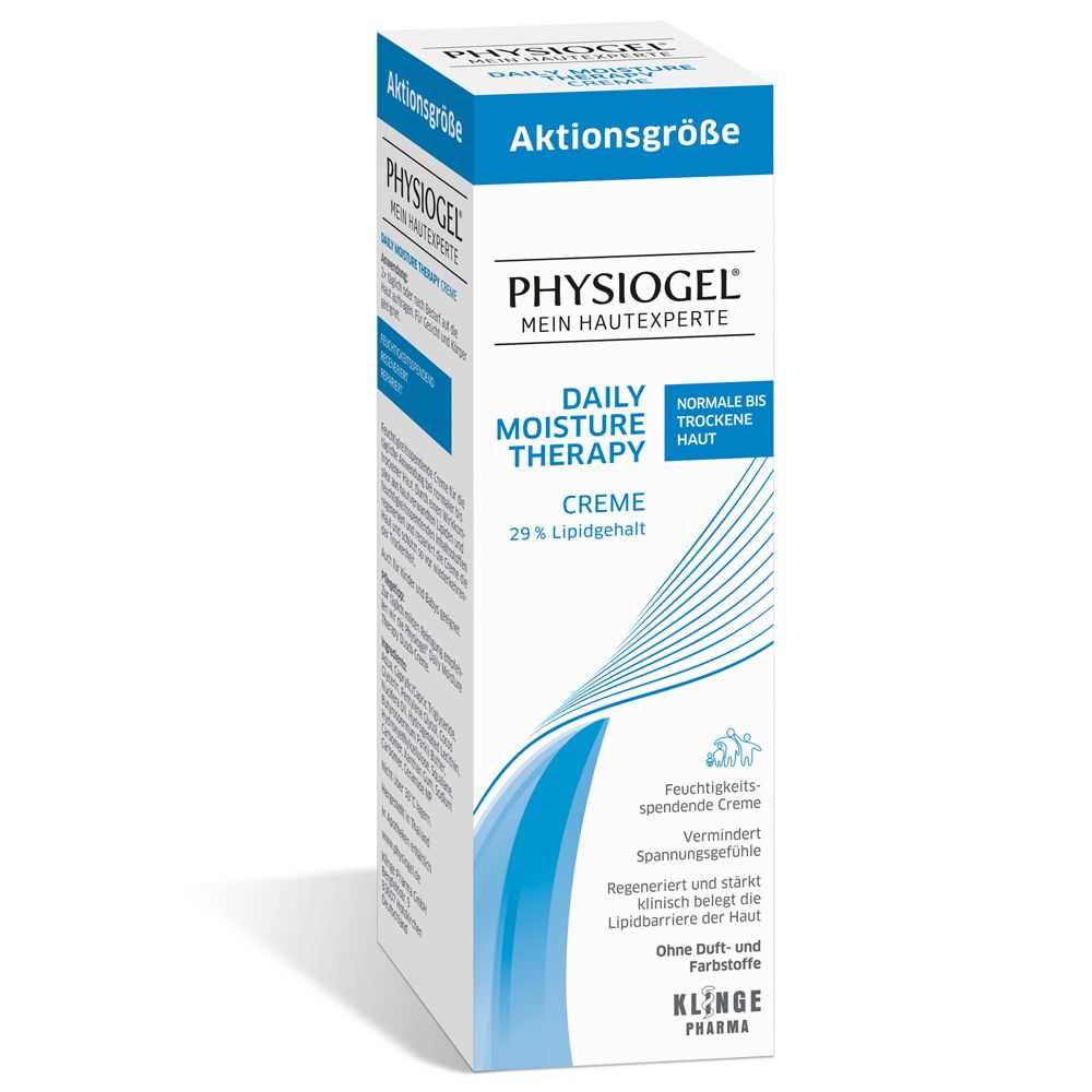PHYSIOGEL® Daily Moisture Therapy Creme in Faltschachtel. Blaue Wellen, Aktionsgröße. Text: 29% Lipid. Für trockene Haut.