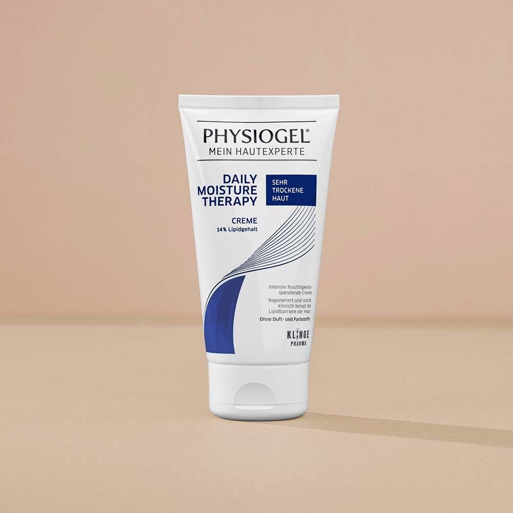 PHYSIOGEL® Daily Moisture Therapy Creme. Weiße Faltschachtel mit Produktinformationen und Aktionsgröße-Aufdruck.