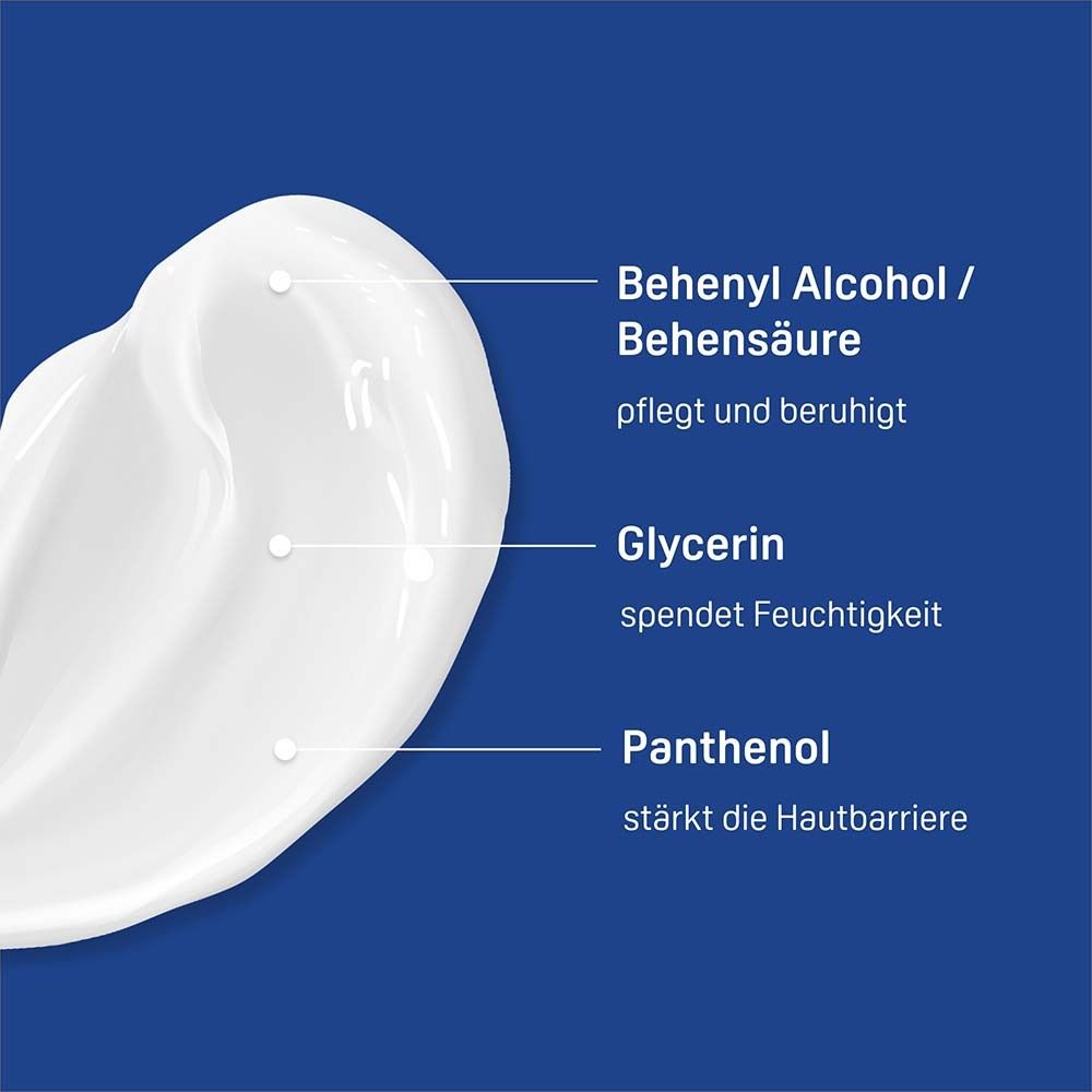 Nahaufnahme Creme. Text: Behenyl Alcohol, Glycerin, Panthenol. Pflegt, beruhigt, spendet Feuchtigkeit, stärkt Hautbarriere.
