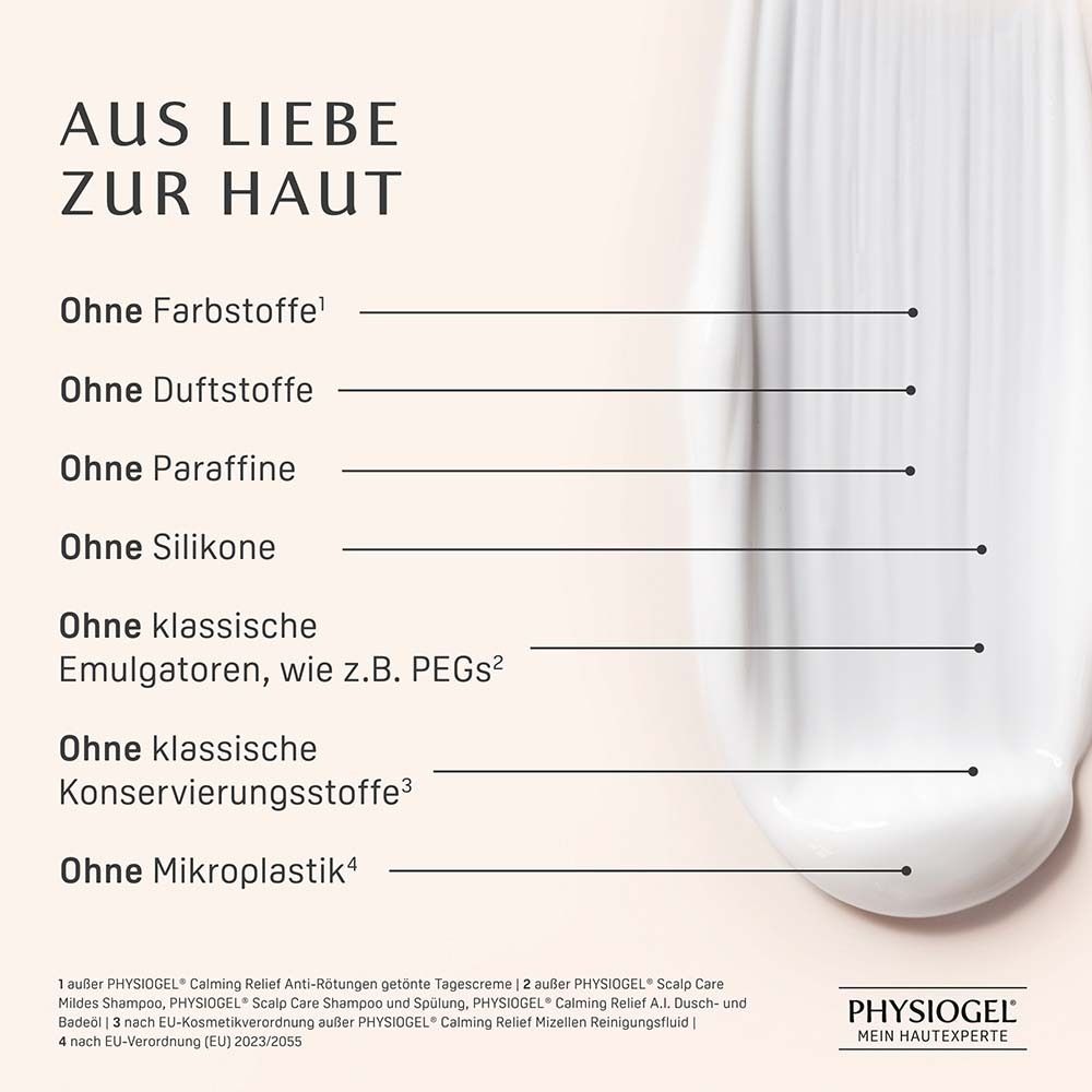 Creme-Strang. Text: Ohne Farbstoffe, Duftstoffe, Paraffine, Silikone, klassische Emulgatoren, Konservierungsstoffe, Mikroplastik.