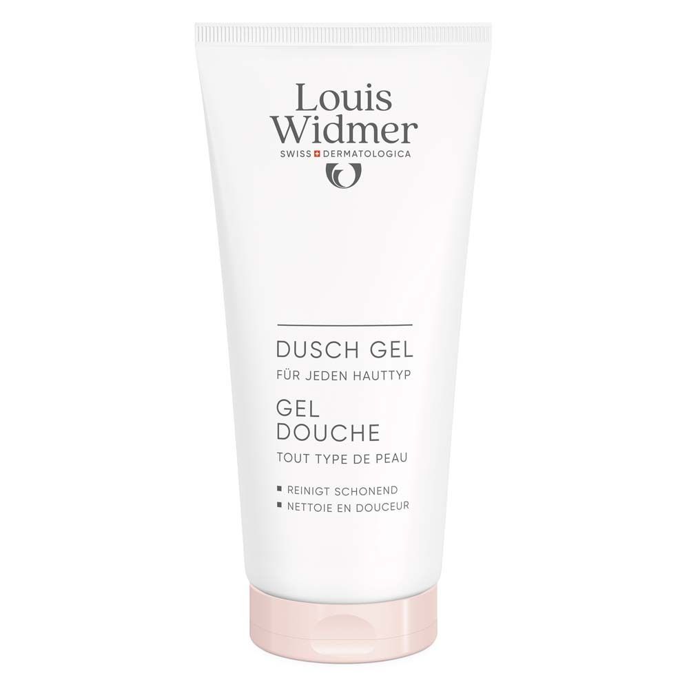 Weiße Tube mit rosa Verschluss. Aufschrift: Louis Widmer, Dusch Gel für jeden Hauttyp, Gel Douche. 