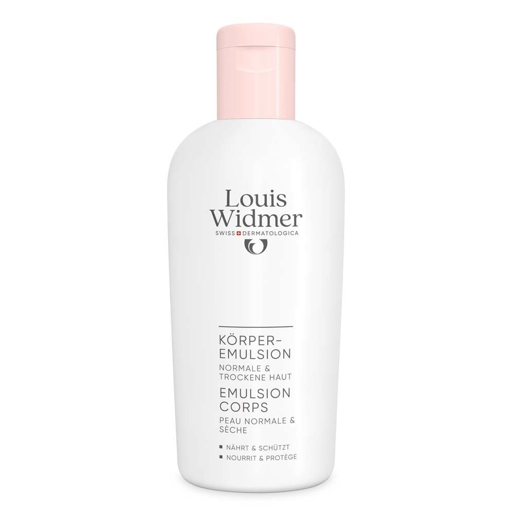 Weiße Flasche mit rosa Verschluss. Aufschrift: Louis Widmer, Körper-Emulsion, für normale & trockene Haut.