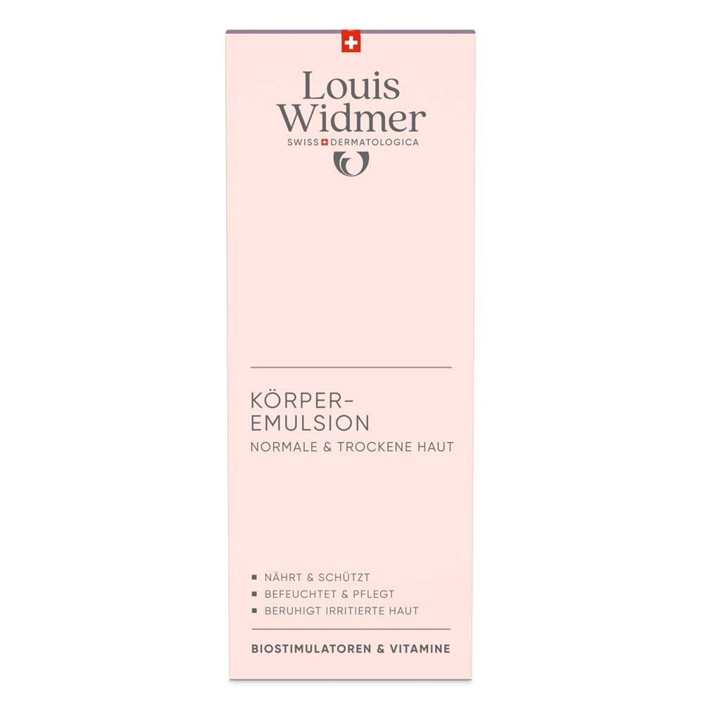 Rosa Verpackung. Aufschrift: Louis Widmer, Körper-Emulsion, für normale & trockene Haut. Mit Inhaltsangaben.