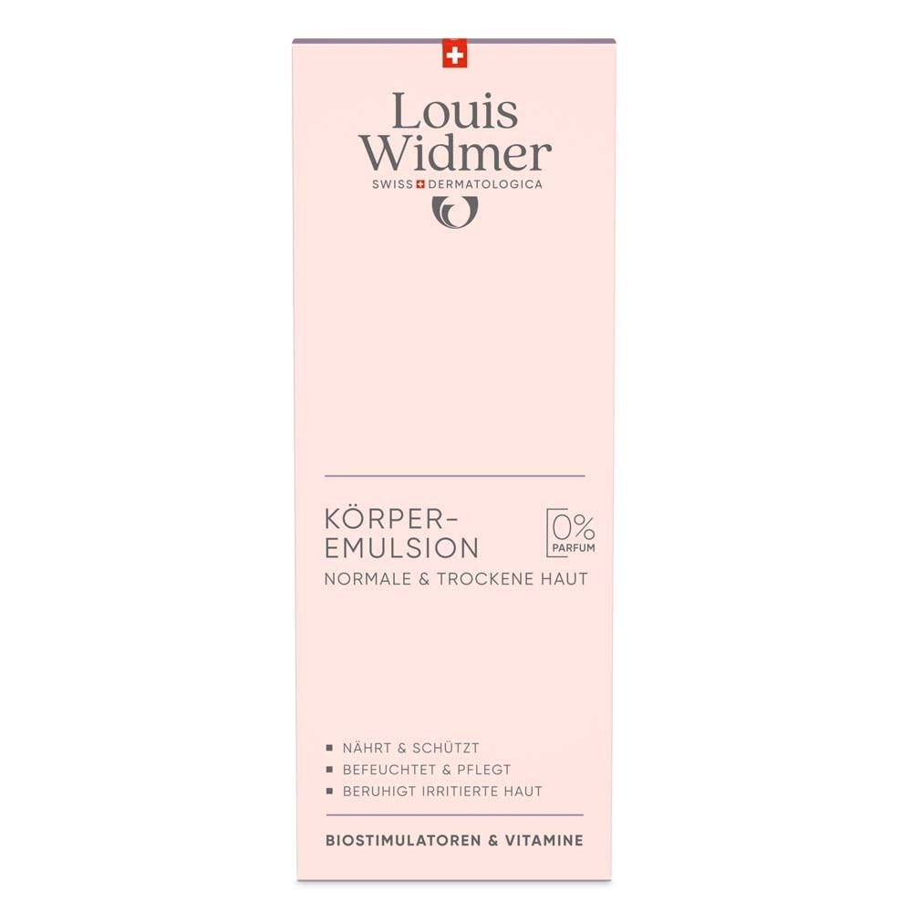 Rosa Verpackung mit Aufschrift: Louis Widmer, Körper-Emulsion für normale & trockene Haut. 0% Parfum.