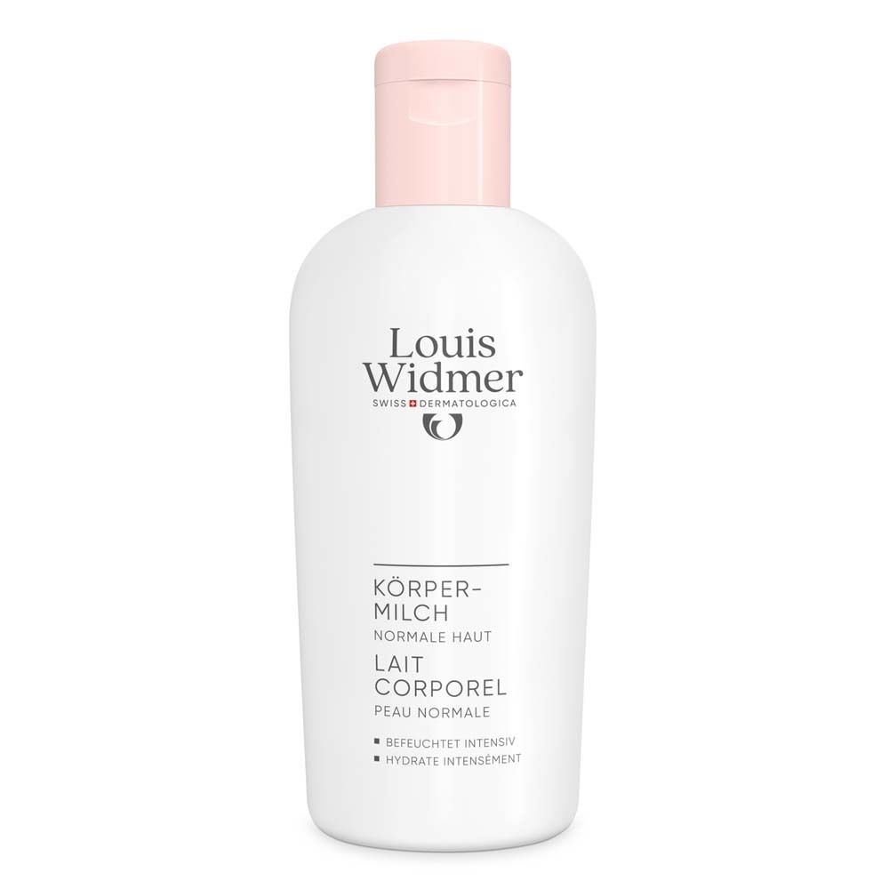 Weiße Flasche mit rosa Verschluss. Beschriftung: Louis Widmer, Körpermilch für normale Haut. Schweizer Dermatologica.