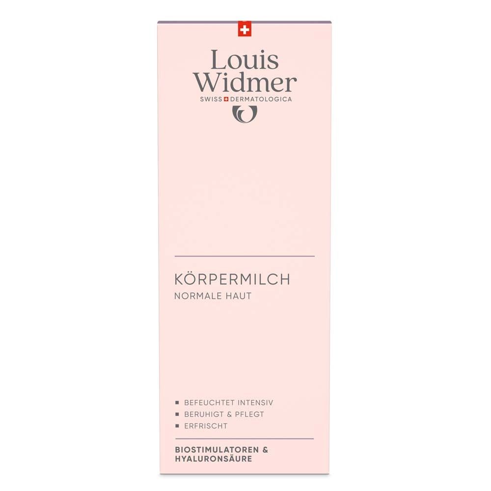Rosa Verpackung mit Louis Widmer Logo und Schriftzug Körpermilch für normale Haut. Enthält Hyaluronsäure.