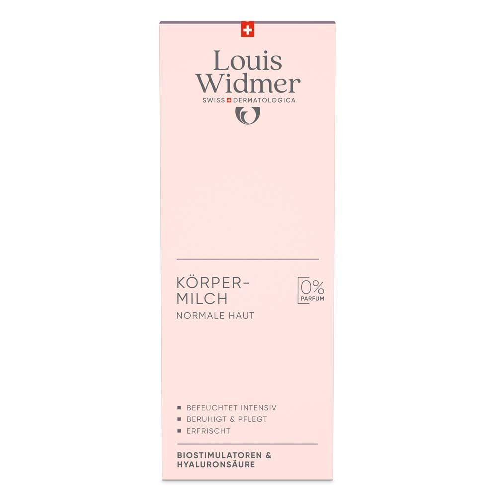 Rosa Verpackung mit Louis Widmer Logo und Schweizer Kreuz. Aufschrift: Körpermilch, für normale Haut. 0% Parfum. Mit Produktinformationen.