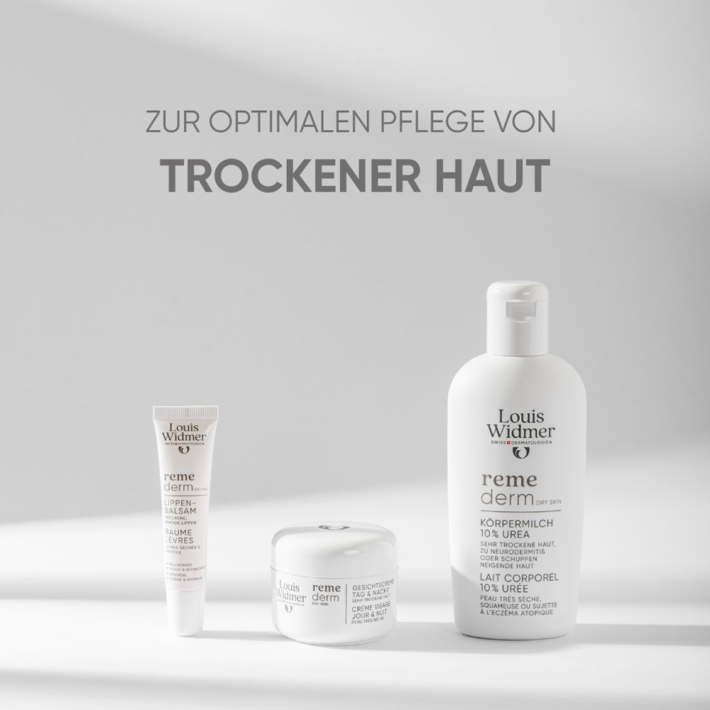 Produktabbildung von drei Louis Widmer Produkten. Lippenbalsam, Creme und Körperlotion. Text: Zur optimalen Pflege von trockener Haut.