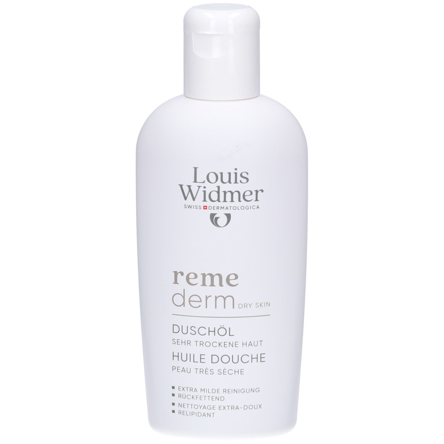 Weiße Flasche mit Klappverschluss. Aufschrift: Louis Widmer, remederm, Duschöl, sehr trockene Haut. Logo.