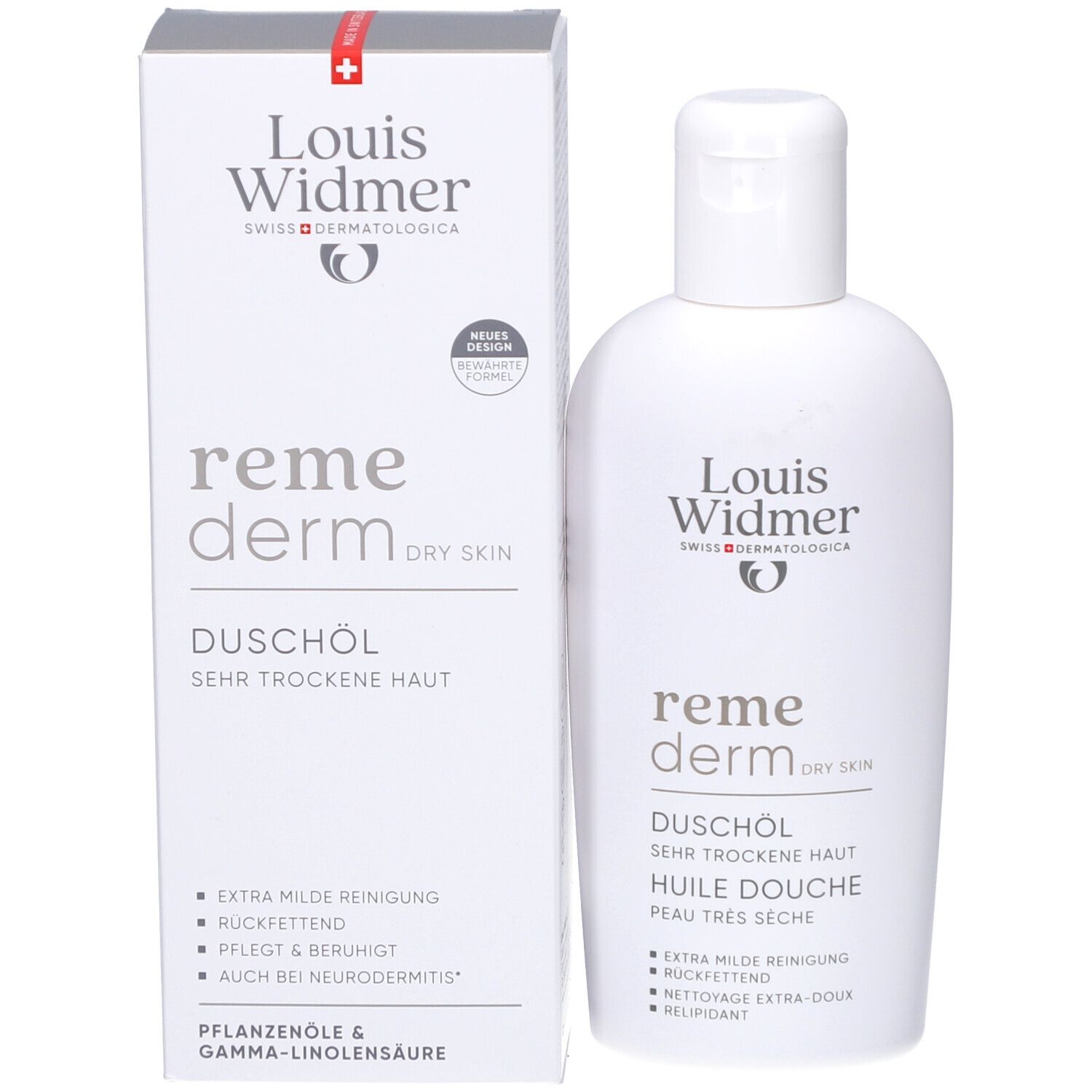 Weiße Flasche und Schachtel. Aufschrift: Louis Widmer, remederm, Duschöl, sehr trockene Haut. Logo. Neues Design.