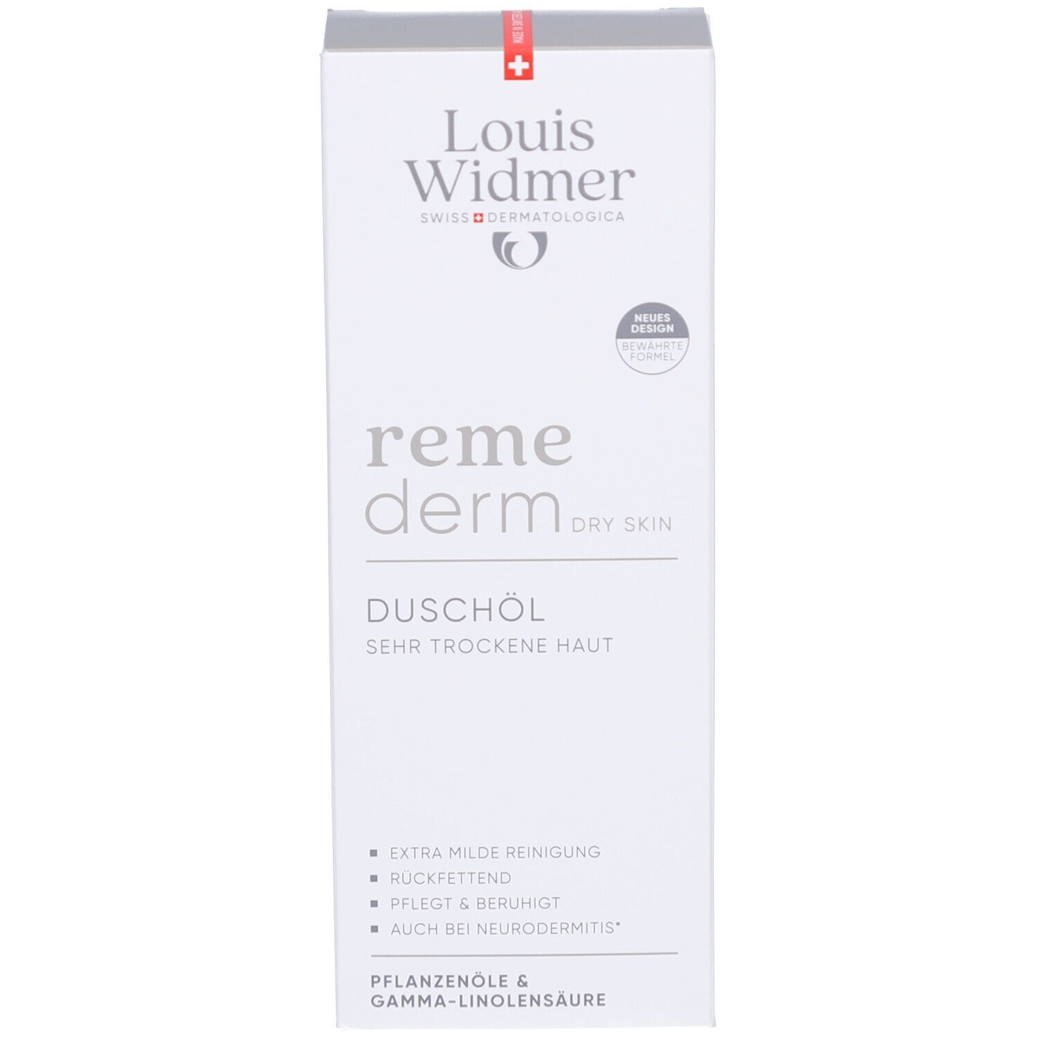 Weiße Schachtel mit rotem Streifen. Aufschrift: Louis Widmer, remederm, Duschöl, sehr trockene Haut. Logo. Neues Design.