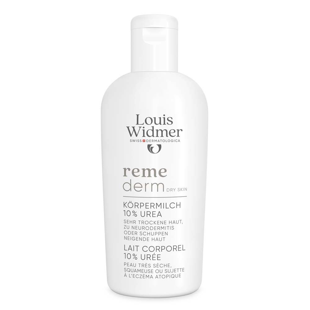 Weiße Flasche mit Louis Widmer remederm Körpermilch 10% Urea. Text: Körpermilch, 10% Urea, für trockene Haut. Deckel oben.