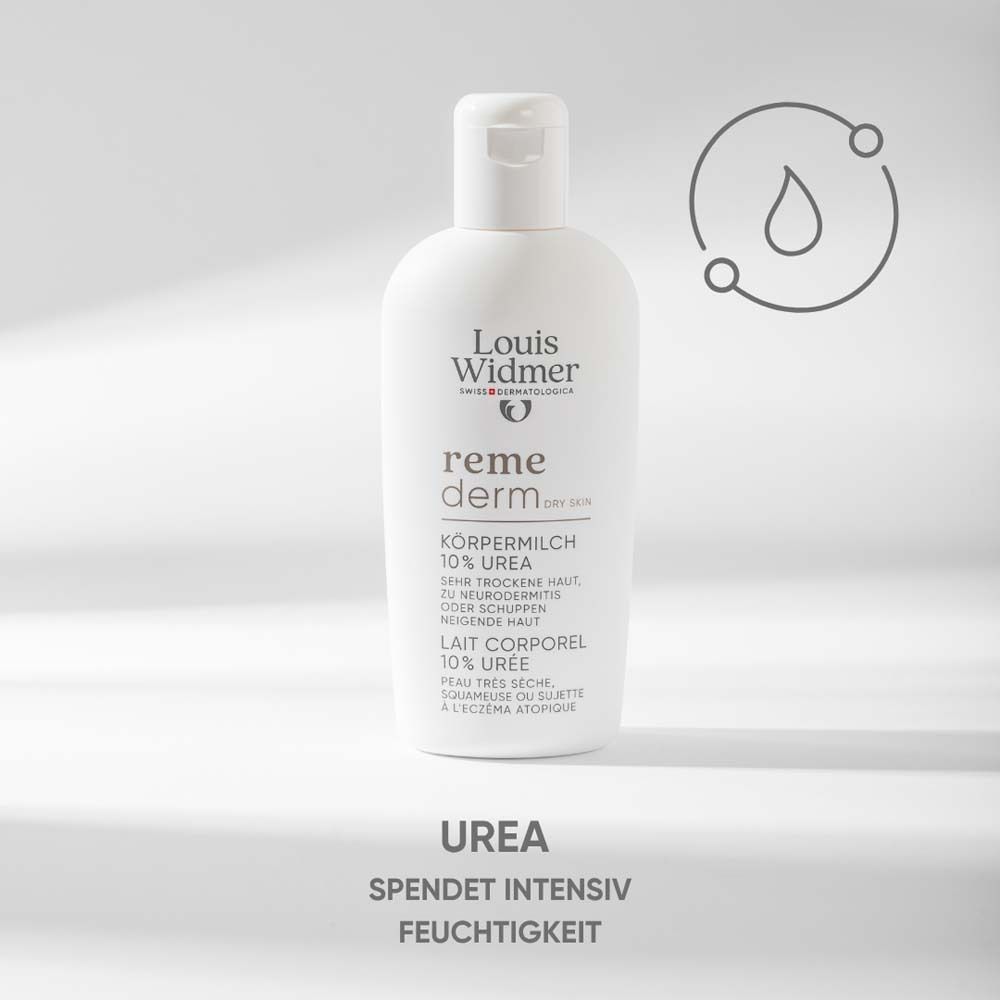 Weiße Flasche Louis Widmer remederm Körpermilch 10% Urea. Text: Körpermilch, 10% Urea, für trockene Haut. UREA spendet intensiv Feuchtigkeit.