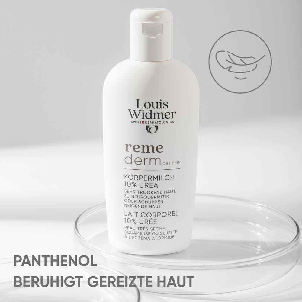 Weiße Flasche Louis Widmer remederm Körpermilch 10% Urea. Text: Körpermilch, 10% Urea, für trockene Haut. PANTHENOL beruhigt gereizte Haut.