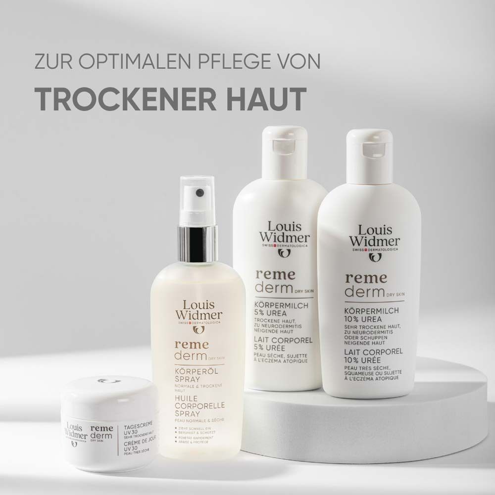 Verschiedene Louis Widmer Produkte. Körpermilch, Körperspray, Creme. Text: Zur optimalen Pflege von trockener Haut.