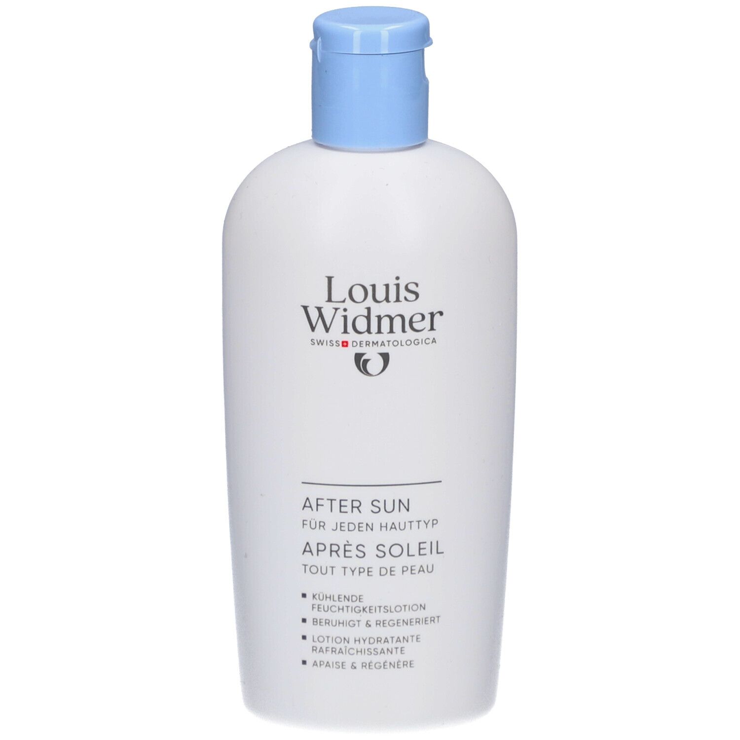 Weiße Flasche mit blauem Deckel. Aufschrift: Louis Widmer, After Sun. Kühlende Feuchtigkeitslotion. Für jeden Hauttyp.